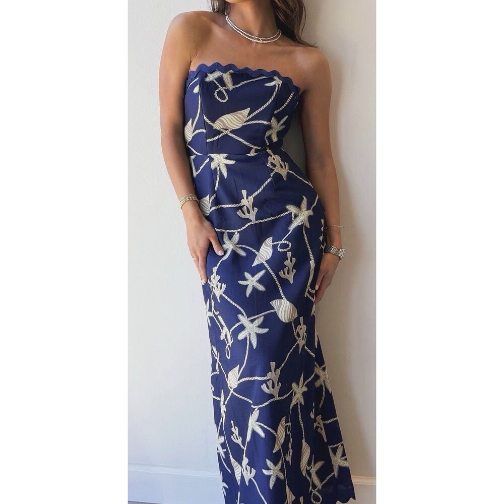 Strapless Nautical Rope Seashell Navy Tan Print Maxi Dress Sz L Back Slit New
